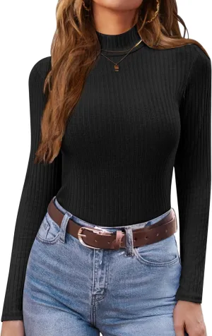 Ekouaer Women's Mock Turtleneck Long Sleeve Shirts Ribbed Knit Lightweight Pullover Sweater Stretch Fitted Thermal Top
