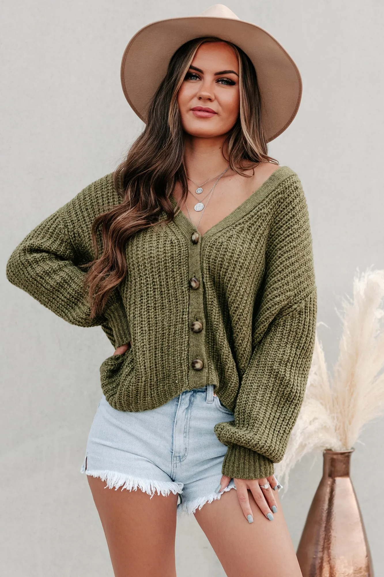 Good As Always Button-Front Chunky Knit Cardigan (Olive)