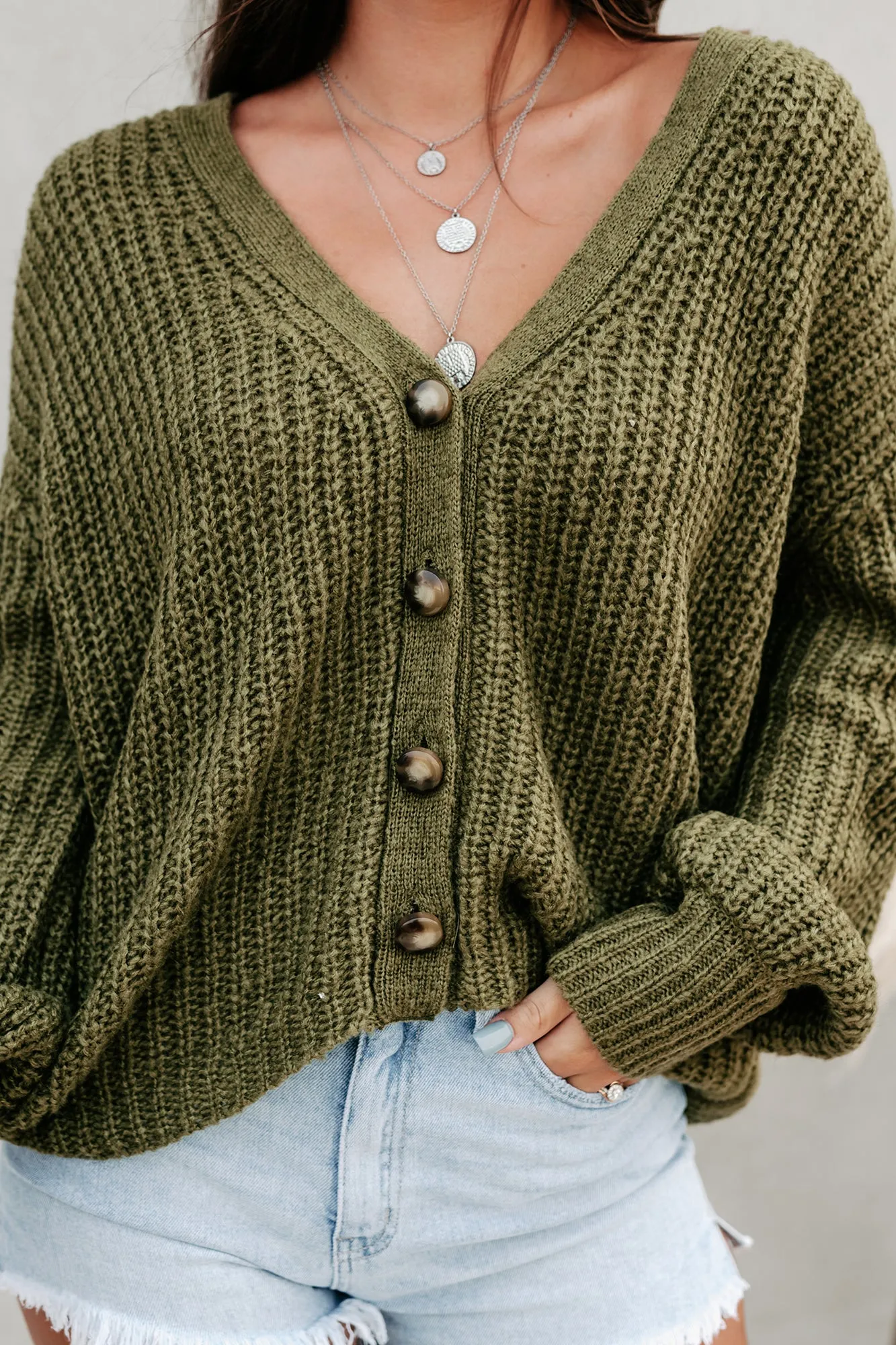 Good As Always Button-Front Chunky Knit Cardigan (Olive)