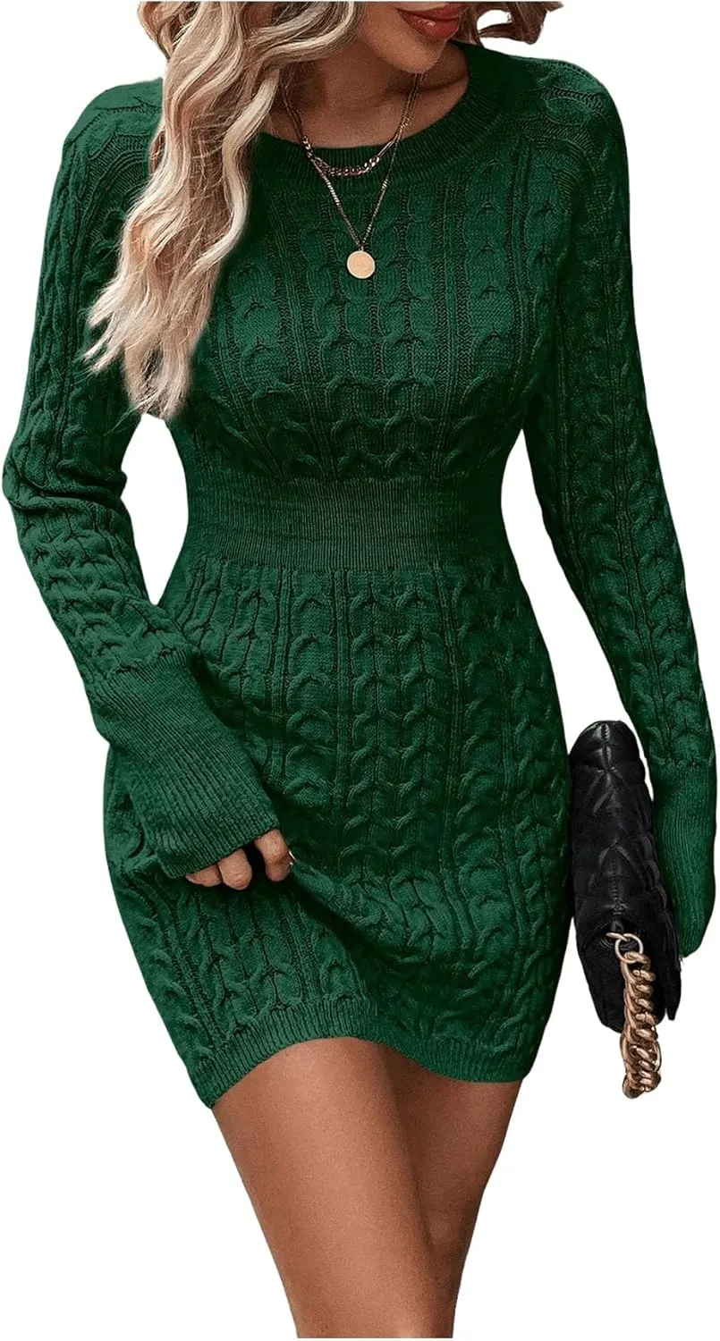 GORGLITTER Women's Cable Knit Sweater Dress Long Sleeve Knit Winter Dresses Crewneck Mini Pencil Dresses