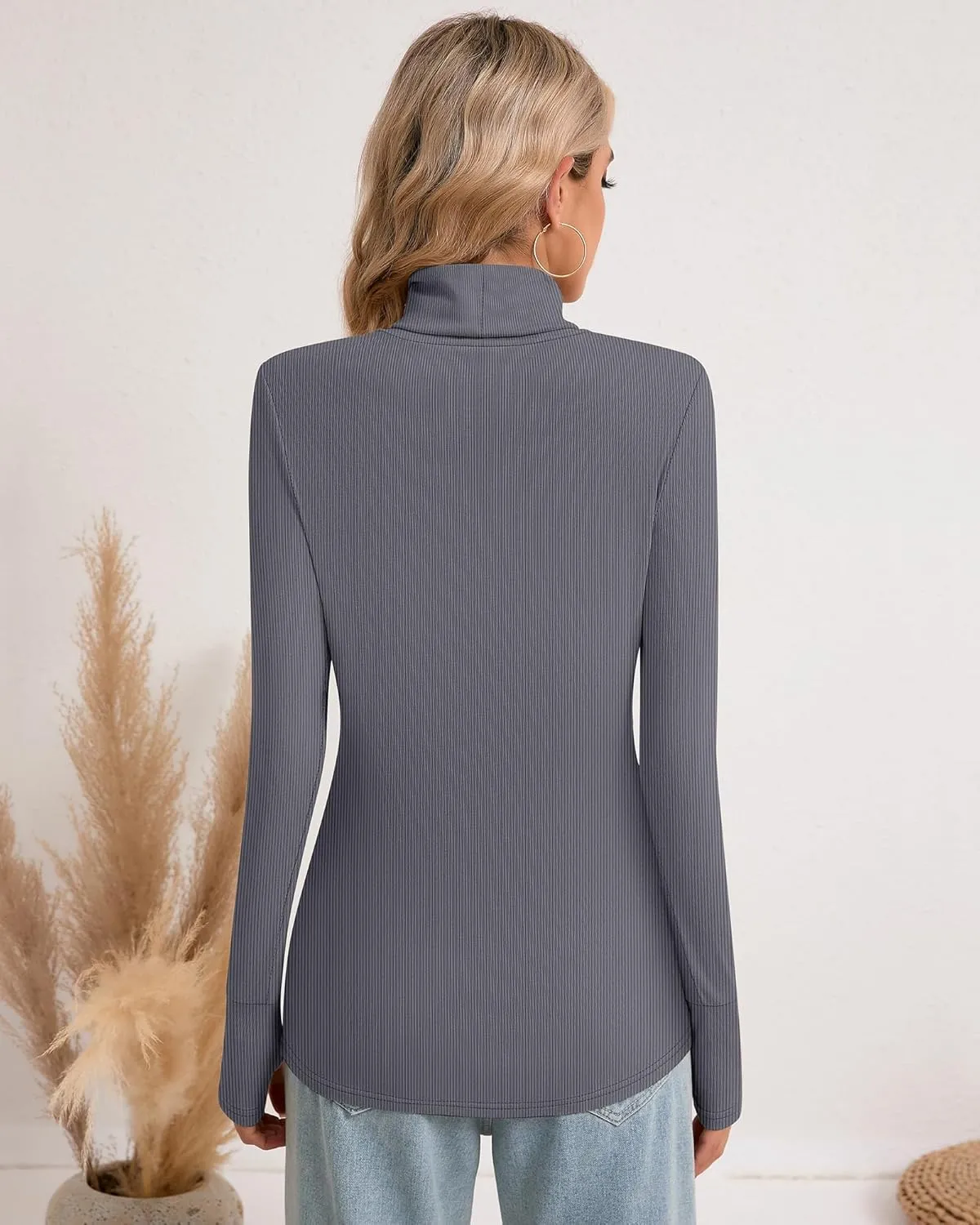 Huukeay 3 Pack Women's Long Sleeve Turtleneck Tops, Slim Fit Ribbed Pullover with Thumbhole Mock Neck T-Shirts Underwear Top