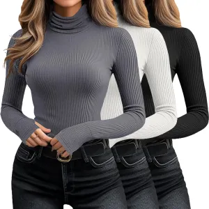 Huukeay 3 Pack Women's Long Sleeve Turtleneck Tops, Slim Fit Ribbed Pullover with Thumbhole Mock Neck T-Shirts Underwear Top