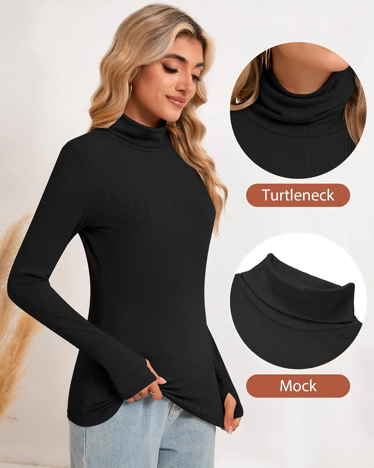 Huukeay 3 Pack Women's Long Sleeve Turtleneck Tops, Slim Fit Ribbed Pullover with Thumbhole Mock Neck T-Shirts Underwear Top