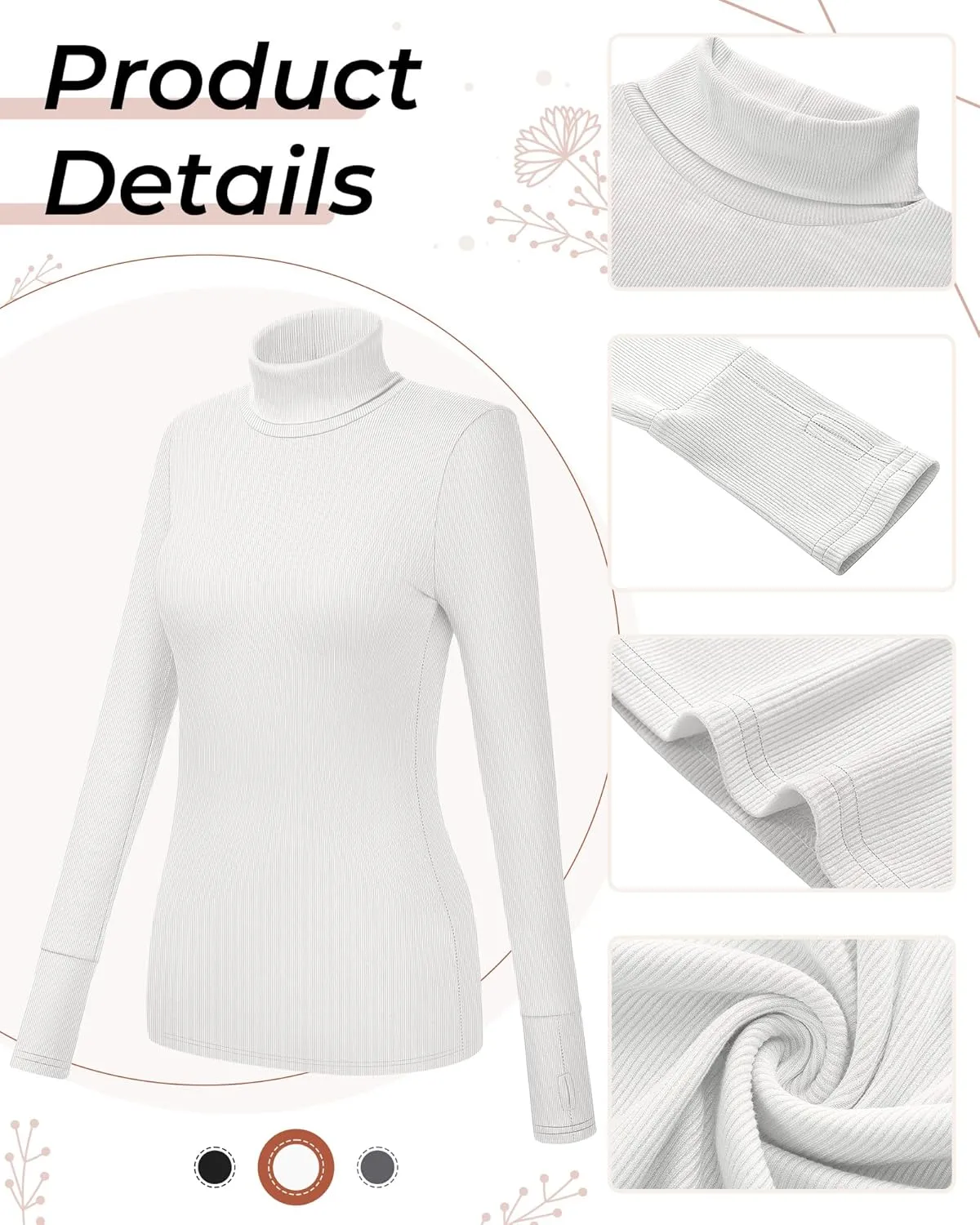 Huukeay 3 Pack Women's Long Sleeve Turtleneck Tops, Slim Fit Ribbed Pullover with Thumbhole Mock Neck T-Shirts Underwear Top