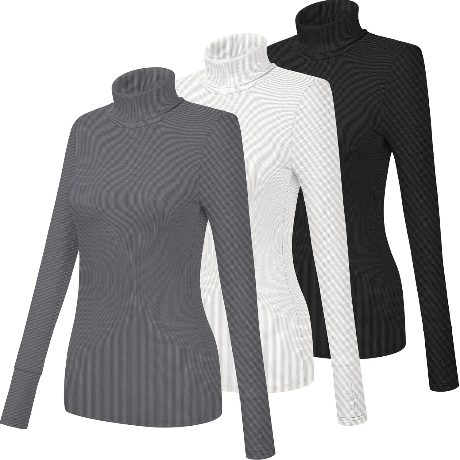 Huukeay 3 Pack Women's Long Sleeve Turtleneck Tops, Slim Fit Ribbed Pullover with Thumbhole Mock Neck T-Shirts Underwear Top