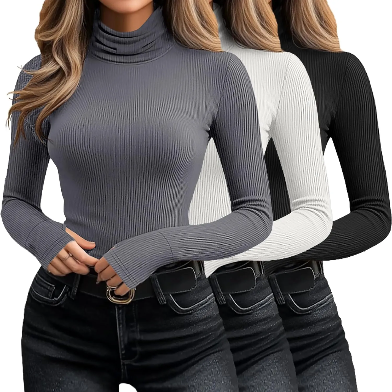 Huukeay 3 Pack Women's Long Sleeve Turtleneck Tops, Slim Fit Ribbed Pullover with Thumbhole Mock Neck T-Shirts Underwear Top