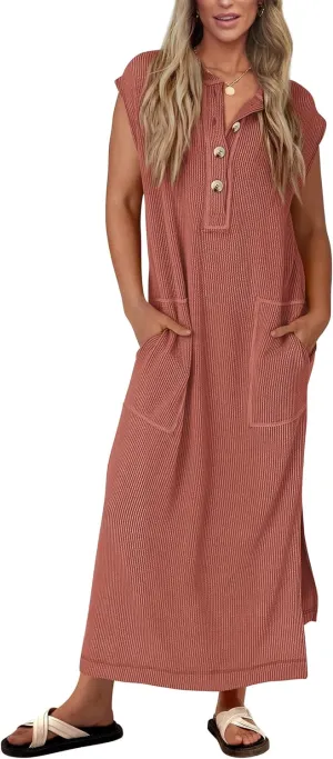 KIRUNDO Womens Summer Dresses Ribbed Knit Henley Short Sleeve Maxi Dress Button Up Loose Slit Beach Vacation Sundress