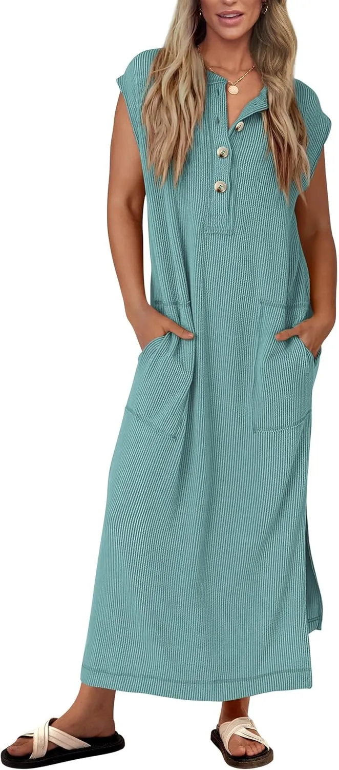 KIRUNDO Womens Summer Dresses Ribbed Knit Henley Short Sleeve Maxi Dress Button Up Loose Slit Beach Vacation Sundress