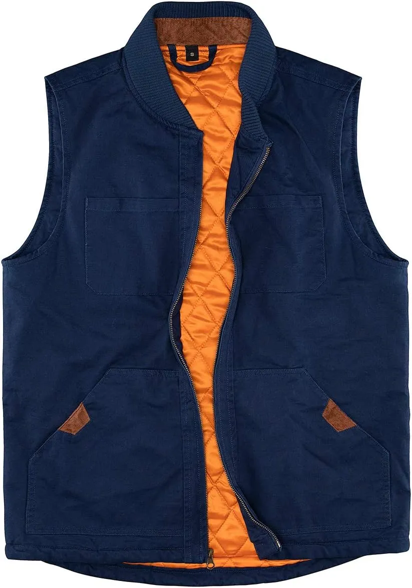 Lisskolo Men's Quilted Lined Vest Washed Canvas Winter Warm Outdoor Hunting Work Utility Travel Vest Jacket