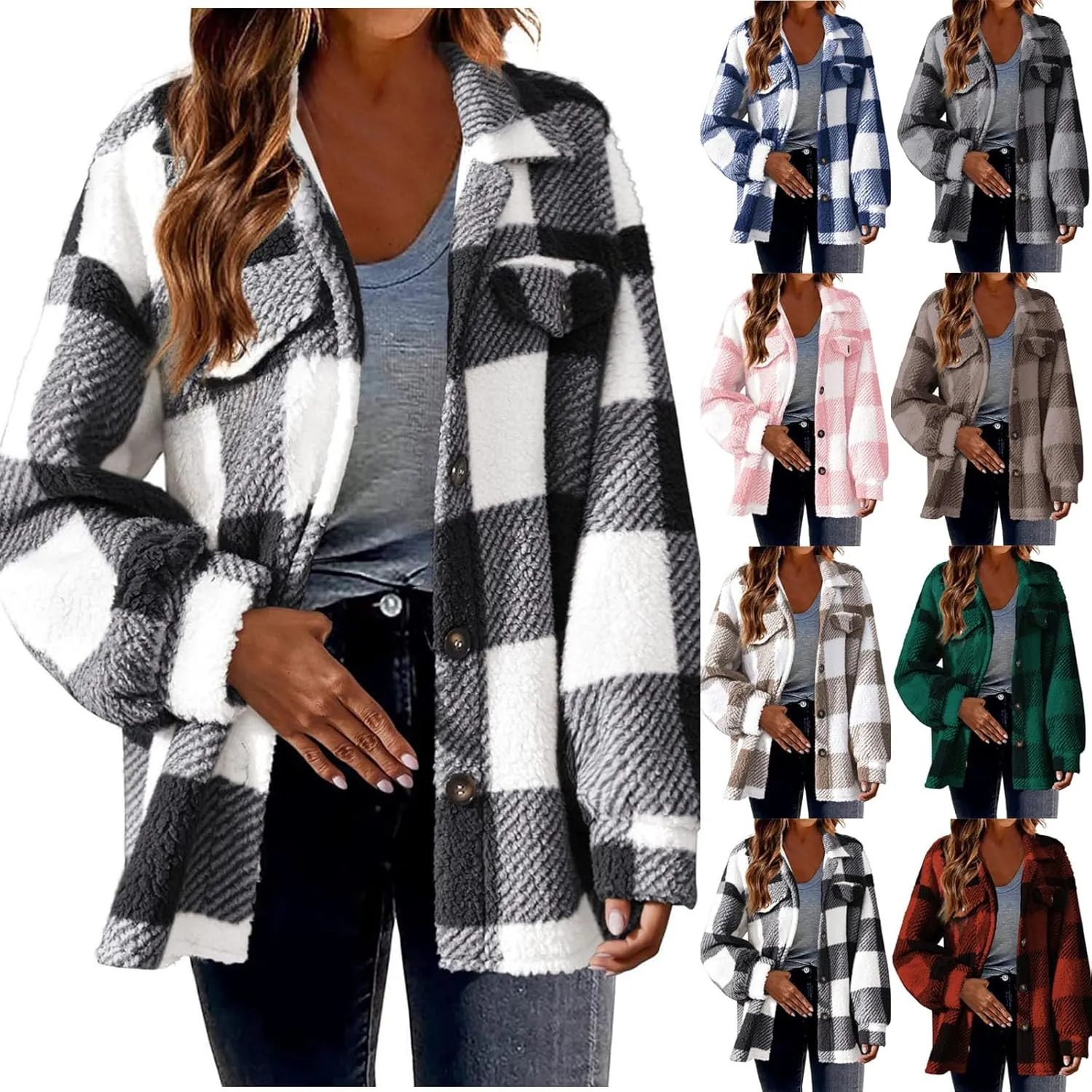 Sherpa Jacket for Women 2024 Winter Fuzzy Plaid Shacket Button Down Lapel Fleece Jacket Soft Warm Teddy Coat Outwear