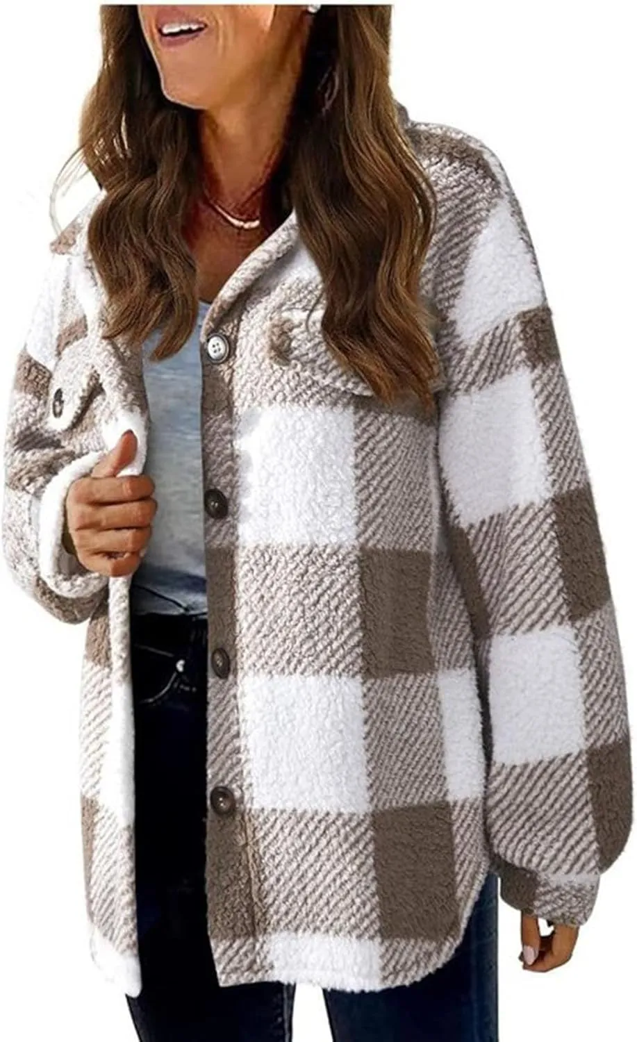 Sherpa Jacket for Women 2024 Winter Fuzzy Plaid Shacket Button Down Lapel Fleece Jacket Soft Warm Teddy Coat Outwear
