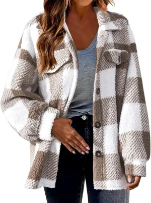 Sherpa Jacket for Women 2024 Winter Fuzzy Plaid Shacket Button Down Lapel Fleece Jacket Soft Warm Teddy Coat Outwear