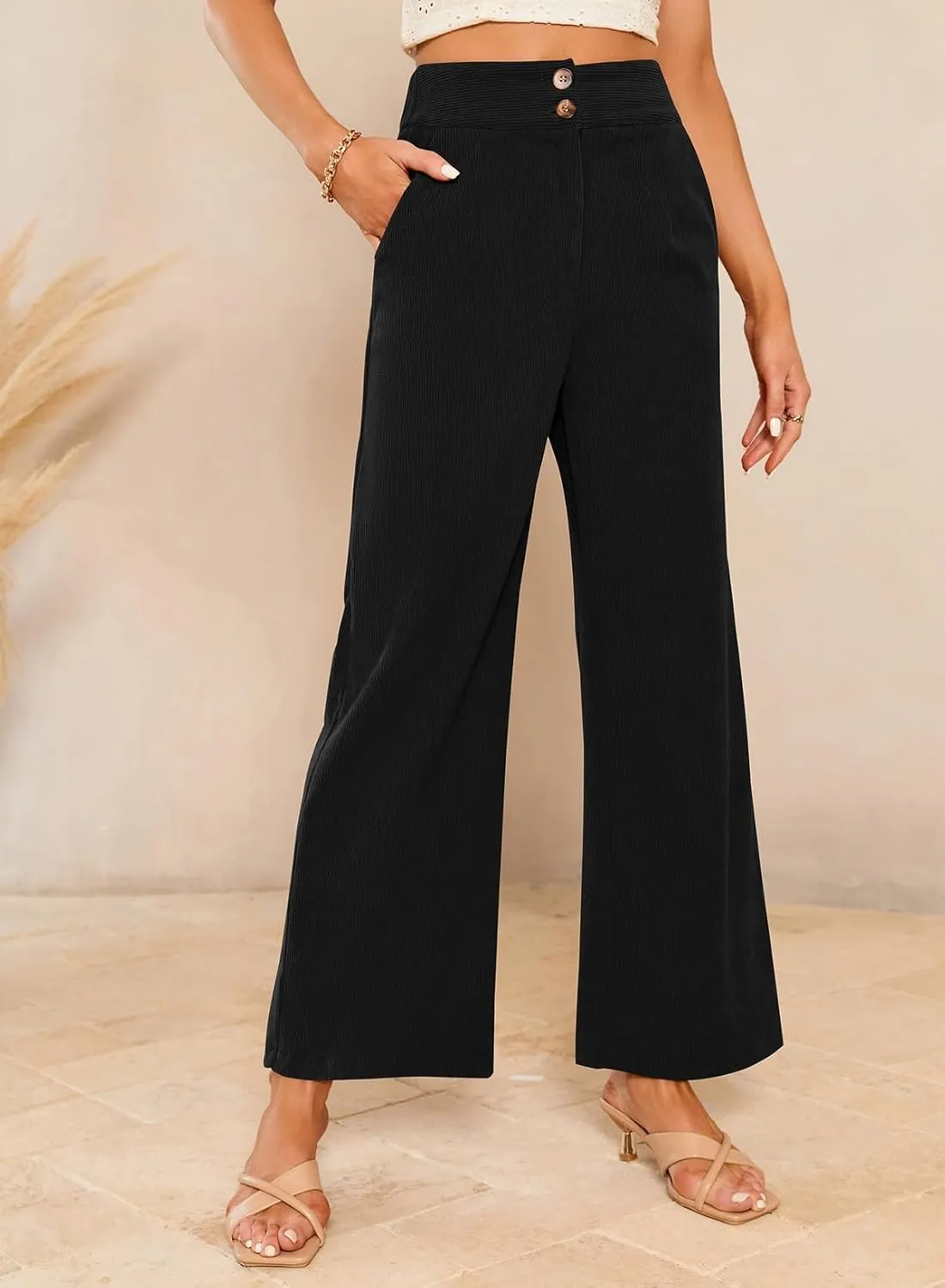Sidefeel Corduroy Pants for Women 2025 Casual High Waisted Double Buttoned Stretchy Loose Fit Wide Leg Pants with Pockets