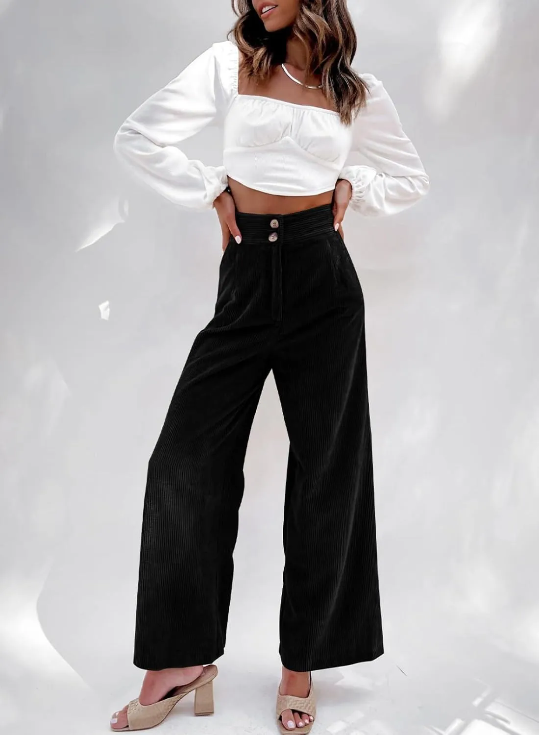 Sidefeel Corduroy Pants for Women 2025 Casual High Waisted Double Buttoned Stretchy Loose Fit Wide Leg Pants with Pockets