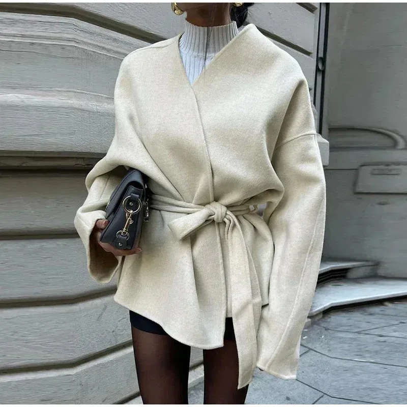 Slim White Elegant V-neck Belt Chic Long Sleeve blanket coat fall coat