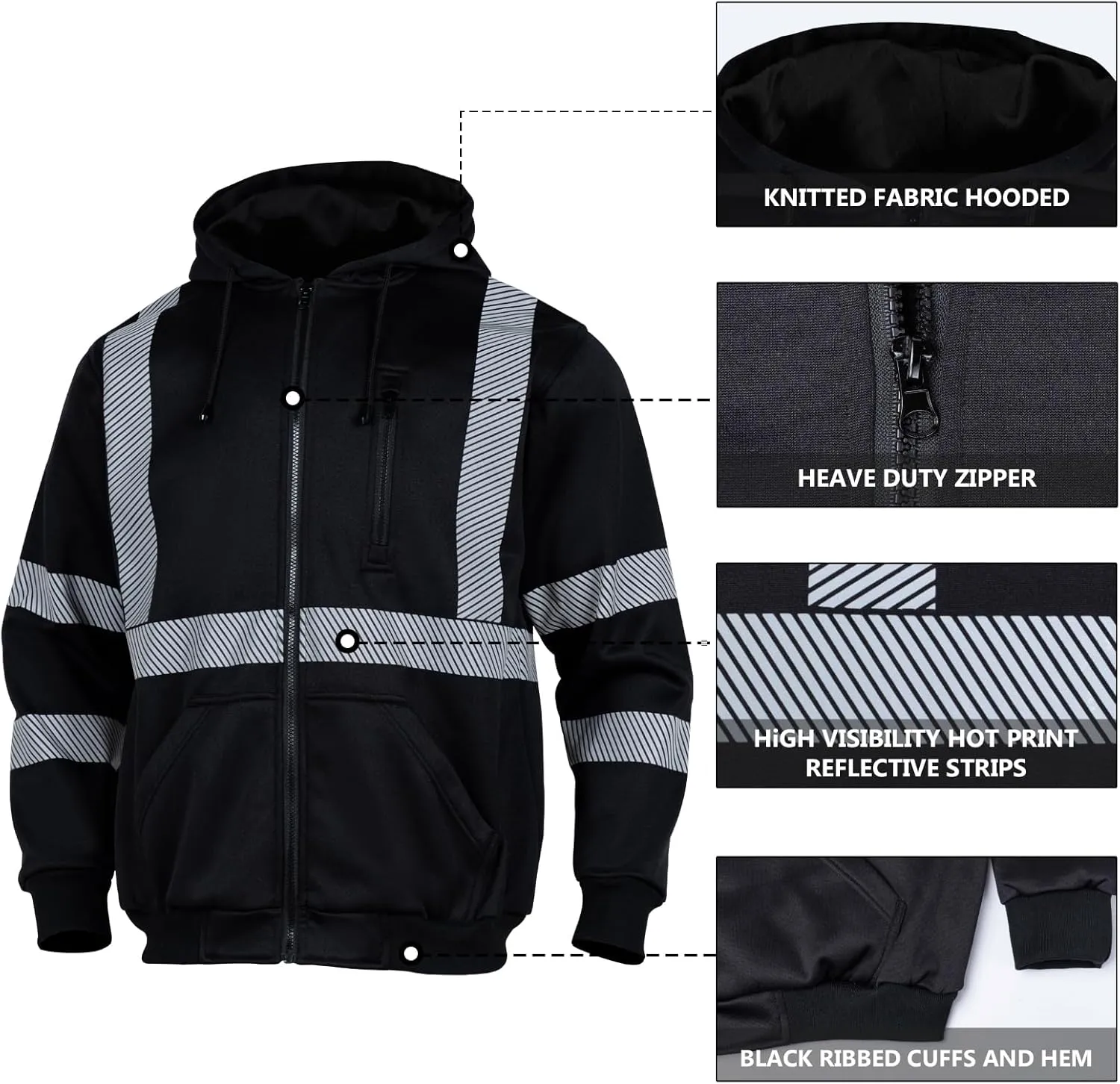 VENDACE High Visibility ANSI Class 3 Reflective Safety Fleece Sweatshirt Hoodie for Men Hi Vis Hoodies Zipper Jacket