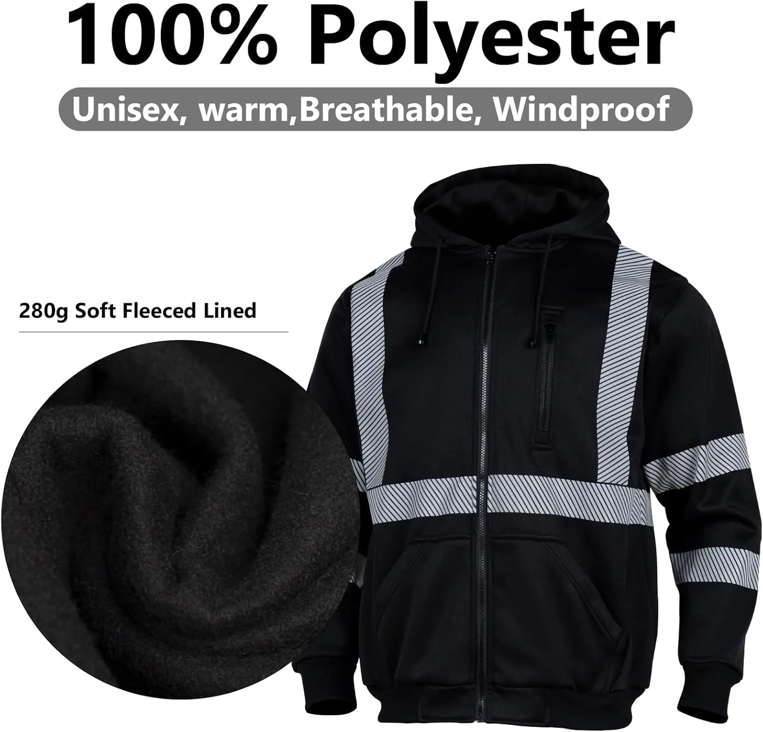 VENDACE High Visibility ANSI Class 3 Reflective Safety Fleece Sweatshirt Hoodie for Men Hi Vis Hoodies Zipper Jacket