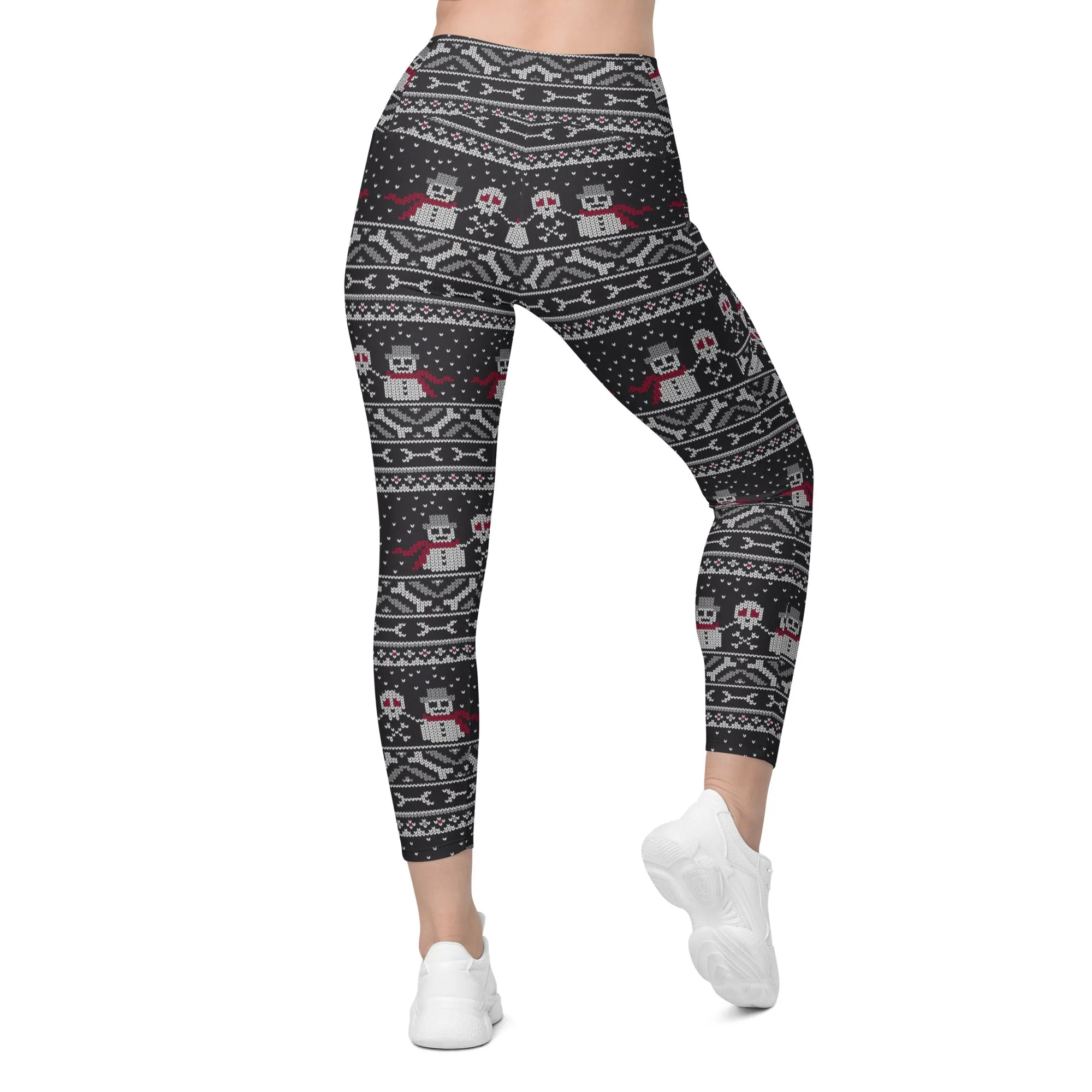 Vintage Goth Knitted Print Crossover Leggings With Pockets
