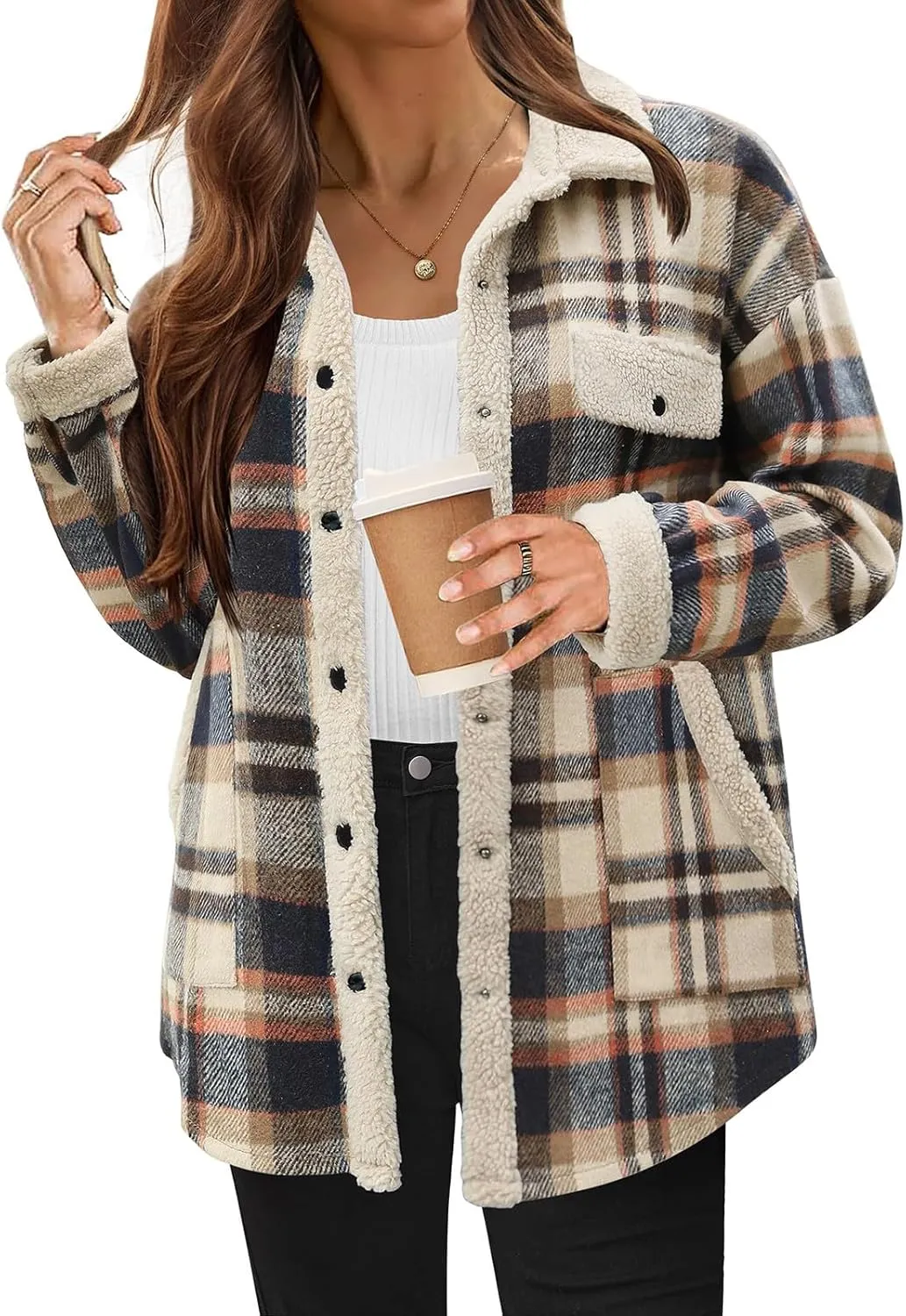 Women Fleece Jackets Casual Flannel Plaid Shacket Button Down Lapel Collared Sherpa Jackets with Pockets Fall Coat