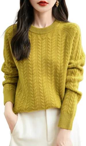 Women's Crew Neck 100% Merino Wool Sweater 2025 Fall Winter Vintage Cable Warm Long Sleeve Knit Pullover Tops