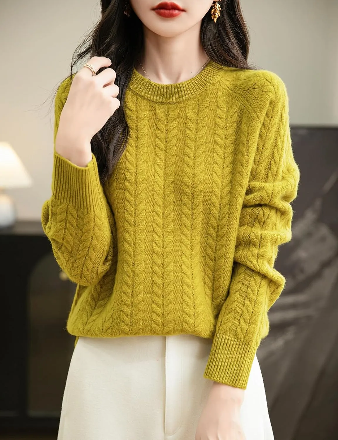 Women's Crew Neck 100% Merino Wool Sweater 2025 Fall Winter Vintage Cable Warm Long Sleeve Knit Pullover Tops