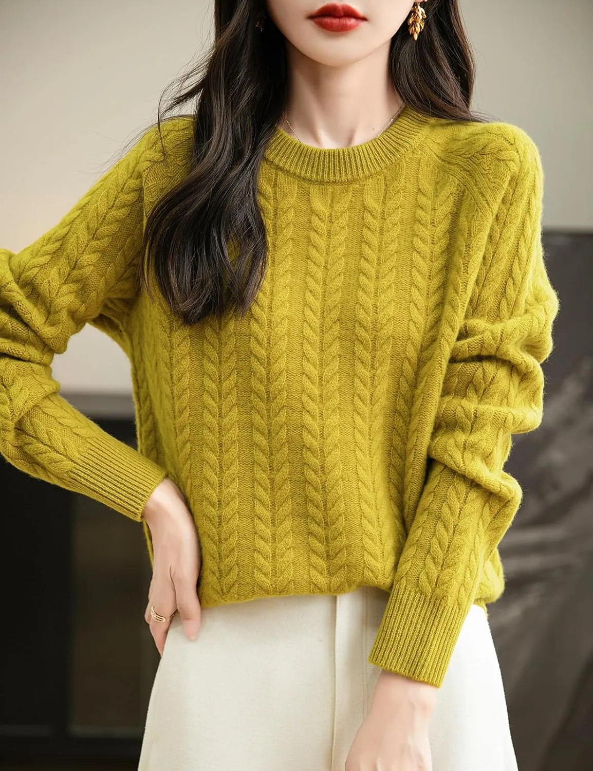 Women's Crew Neck 100% Merino Wool Sweater 2025 Fall Winter Vintage Cable Warm Long Sleeve Knit Pullover Tops
