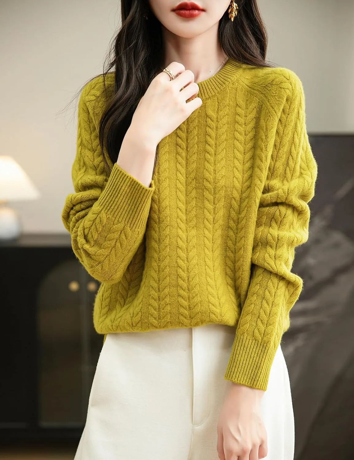 Women's Crew Neck 100% Merino Wool Sweater 2025 Fall Winter Vintage Cable Warm Long Sleeve Knit Pullover Tops