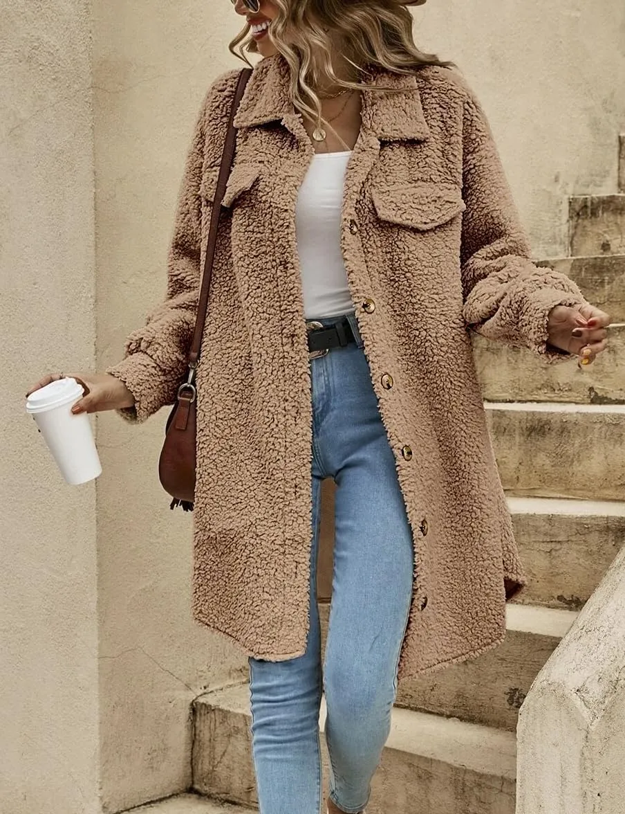 Womens Long Fleece Jacket Fall Winter Coats Teddy Faux Fur Coat Fuzzy Fleece Fluffy Warm Sherpa Jackets