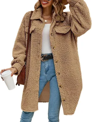 Womens Long Fleece Jacket Fall Winter Coats Teddy Faux Fur Coat Fuzzy Fleece Fluffy Warm Sherpa Jackets