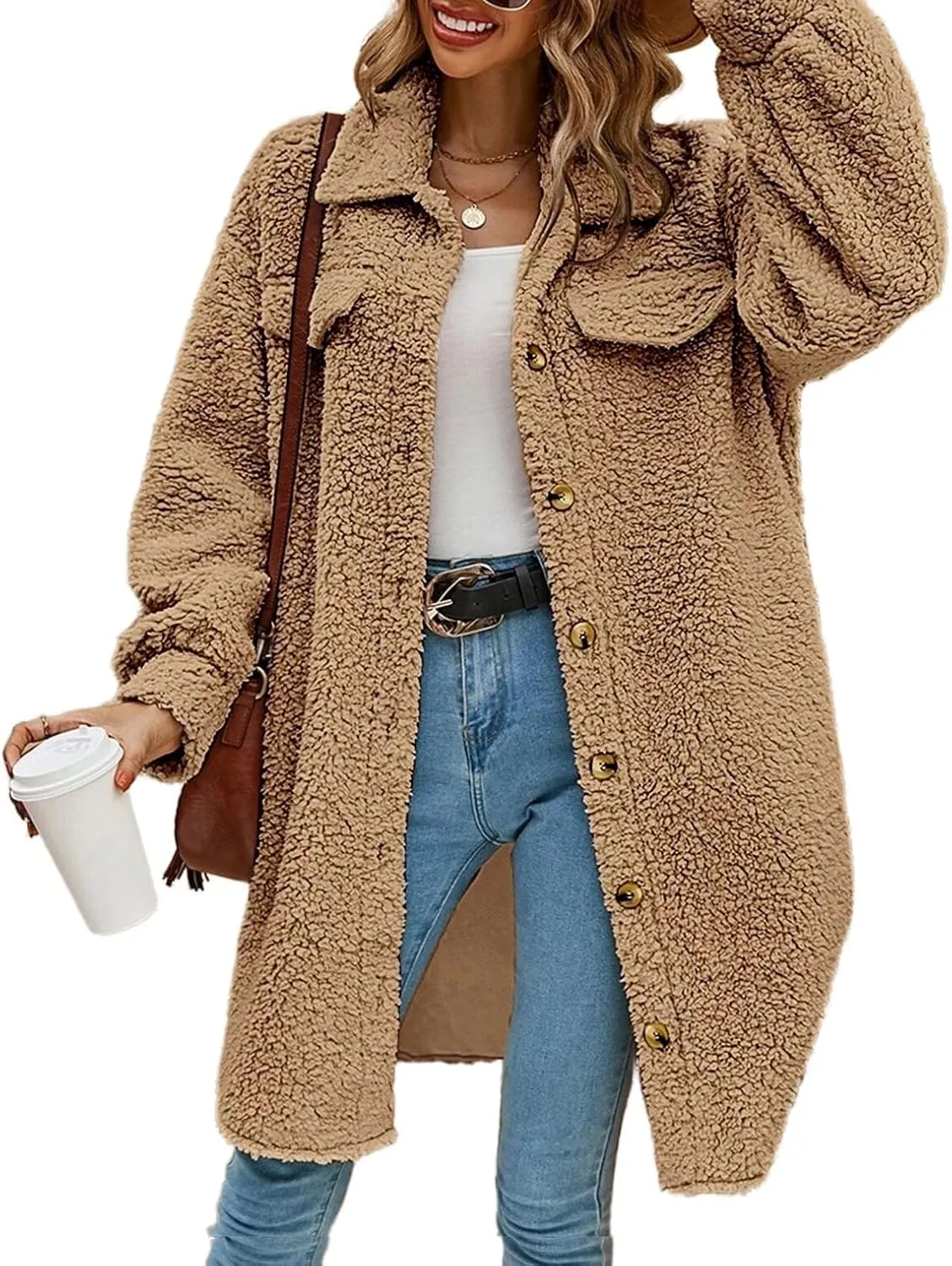 Womens Long Fleece Jacket Fall Winter Coats Teddy Faux Fur Coat Fuzzy Fleece Fluffy Warm Sherpa Jackets