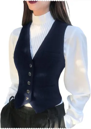 Women's Wool Blend Waistcoat V Neck Sleeveless Jacket Fully Lined Suit Vests