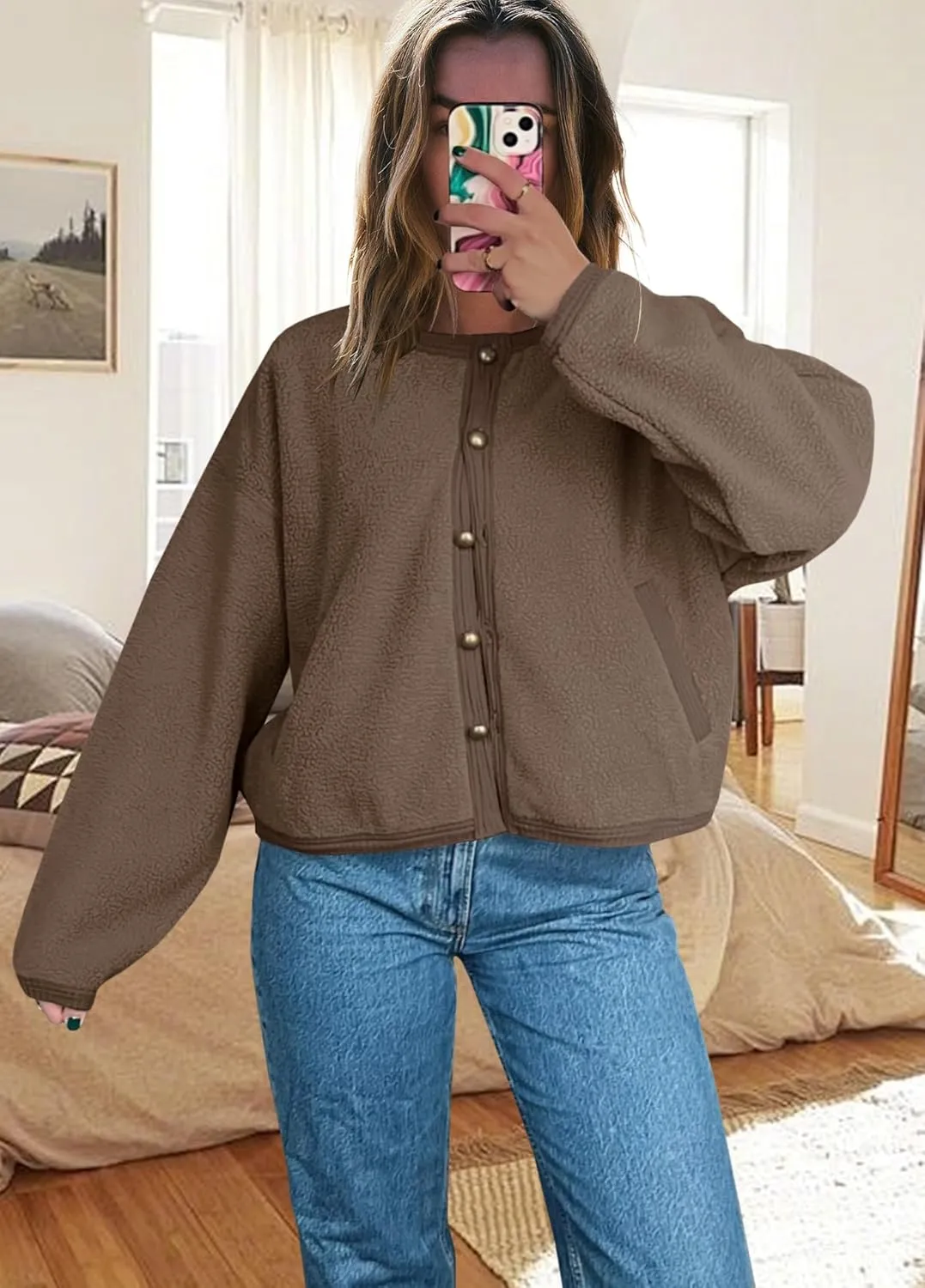 Yanekop Womens Sherpa Jacket Button Down Fleece Winter Coat Fuzzy Jackets Chunky Cardigan Sweaters Open Knit Sweater