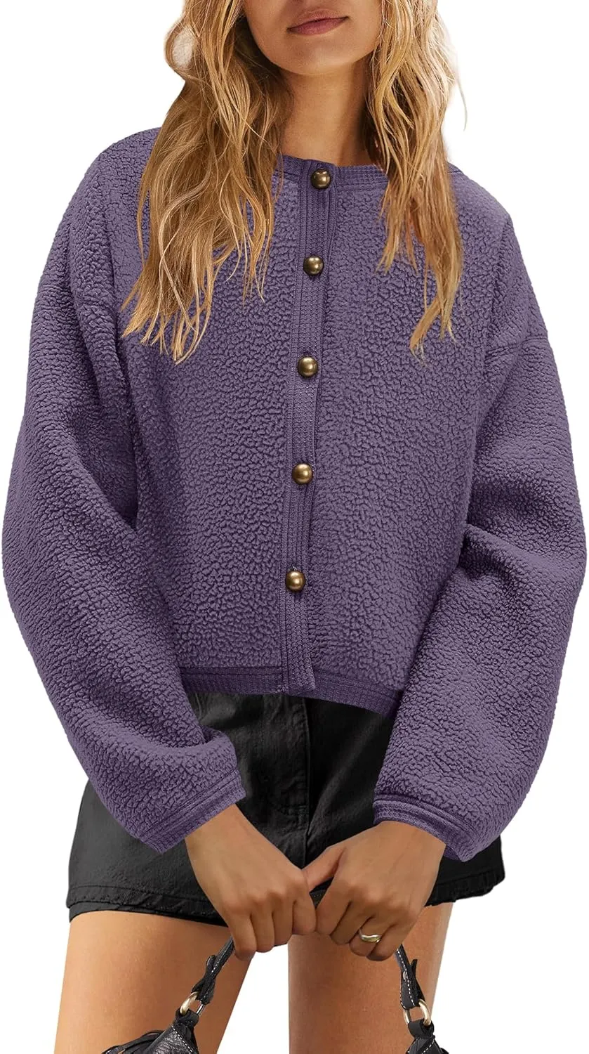 Yanekop Womens Sherpa Jacket Button Down Fleece Winter Coat Fuzzy Jackets Chunky Cardigan Sweaters Open Knit Sweater