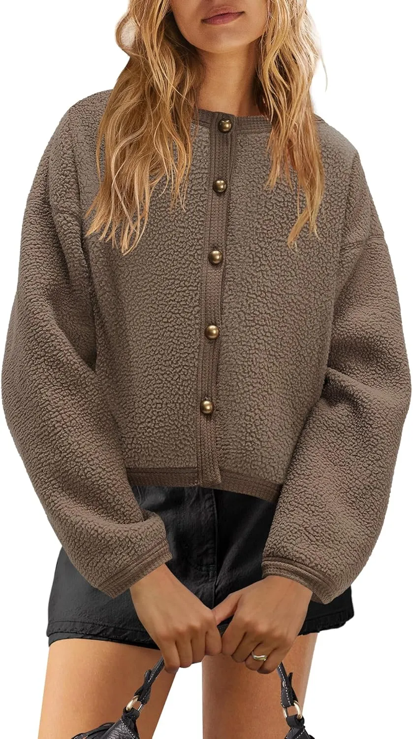 Yanekop Womens Sherpa Jacket Button Down Fleece Winter Coat Fuzzy Jackets Chunky Cardigan Sweaters Open Knit Sweater