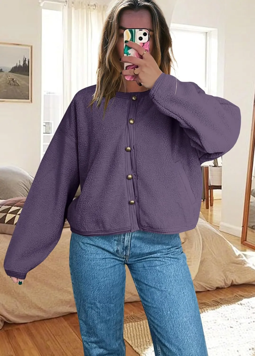 Yanekop Womens Sherpa Jacket Button Down Fleece Winter Coat Fuzzy Jackets Chunky Cardigan Sweaters Open Knit Sweater