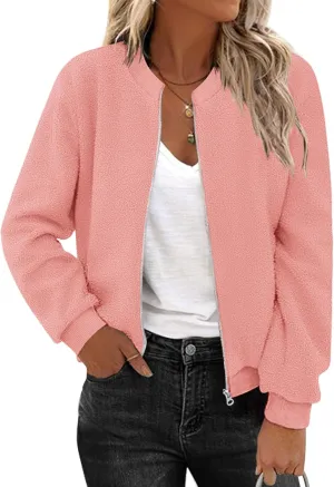 Zeagoo Women's Sherpa Fleece Jacket Long Sleeve Faux Fuzzy Casual Zip Up Bomber Coat With Pocket S-XXL